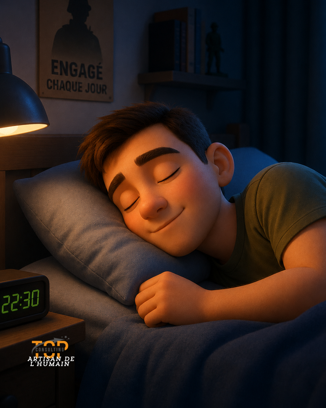 Personnage endormi paisiblement illustrant l'importance du sommeil pour la performance mentale et physique selon les TOP®